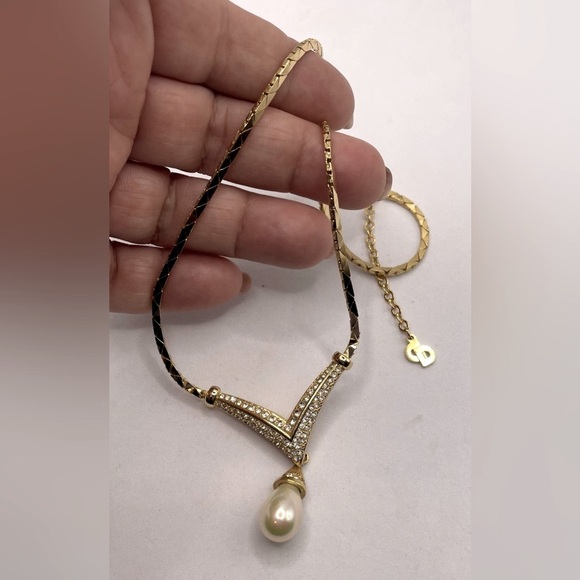 Vintage 1980s Signed Christain Dior Gold Plated Necklace Crystals Faux Pearl - Picture 9 of 9